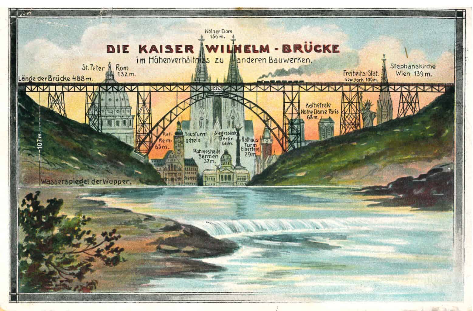 Um 1900 war die Müngstener Brücke eines der bekanntesten Ingenieurbauwerke in Deutschland. Unzählige Postkarten zeigten das Motiv der Bogenbrücke, häufig im Größenvergleich zu anderen berühmten Bauwerken oder eingebettet in die wildromantische Landschaft. Quelle: Postkartenarchiv M. Trautz