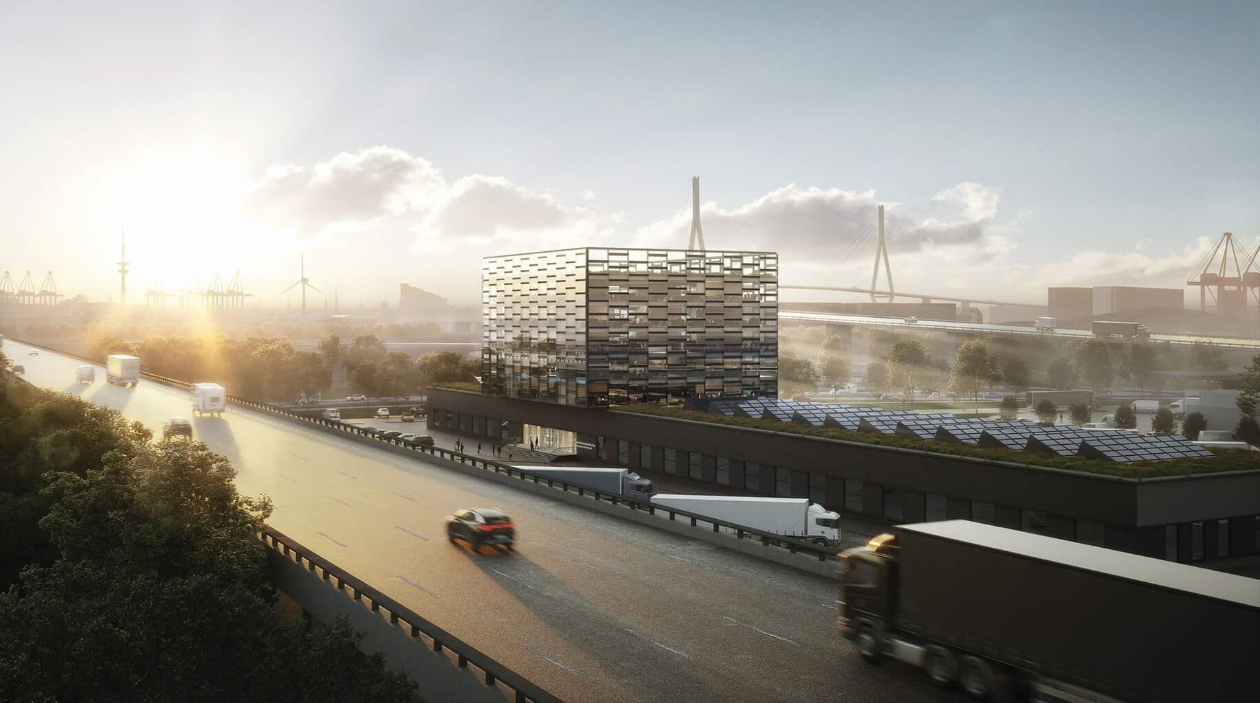BOSS Border One Stop Shop – eines der Projekte in Deutschland, bei dem der neue DBD-BIM-Bemusterungsworkflow zum Zuge kam. Wer seine Waren über den Hamburger Hafen einführt, der weiß, dass neben Zollkontrolle auch veterinär-, pflanzen- oder lebensmittelrechtliche Einfuhrkontrollen notwendig sind. Der Border One Stop Shop (BOSS), welcher sich derzeit in Planung befindet, soll die Prozesse in Zukunft vereinfachen. Visualisierung: © ATP/bloomimages. Sprinkenhof GmbH.