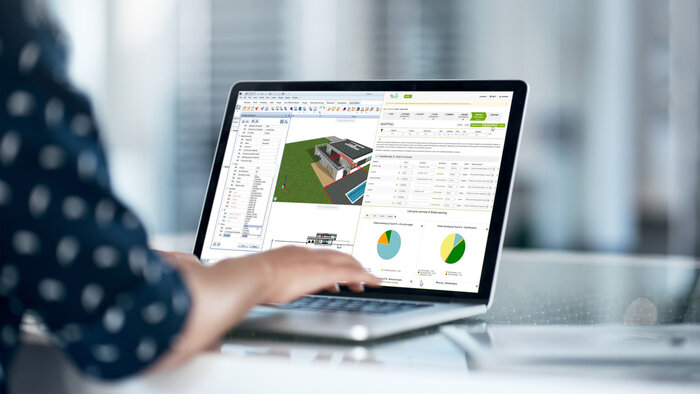 Allplan 2024-1 verfügt über eine nahtlose Integration mit One Click LCA, das Anwender dabei unterstützt, den CO₂-Fußabdruck von Gebäuden zu ermitteln, Materialien und Bauweisen zu bewerten und BIM-Modelle im Hinblick auf ihre Nachhaltigkeit zu optimieren. © ALLPLAN