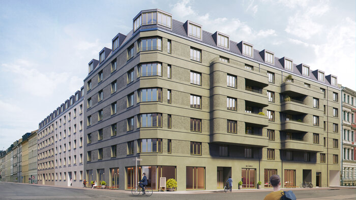 Das Unternehmen Porr baut im Leipziger Stadtteil Reudnitz ein Wohnquartier mit 28 Zwei- bis Vier-Zimmer Wohnungen und 84 Apartments als Mieteinheiten. © Renderings Propos BH