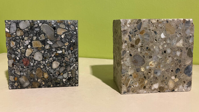 Beton mit und ohne Pyrokohle: Ein Teil Pyrokohle reduziert drei Teile CO₂ des Gesamtprodukts. © Fraunhofer IBP