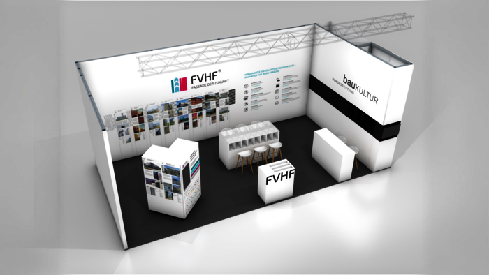 Gemeinsam für die Baukultur: Der FVHF und die Bundesstiftung Baukultur auf dem Gemeinschaftsstand in Halle A2 (Stand 519). Im Mittelpunkt steht diesmal eine Auswahl von Architekturprojekten des Deutschen Fassadenpreises 2024 für Vorgehängte Hinterlüftete Fassaden (VHF). © FVHF