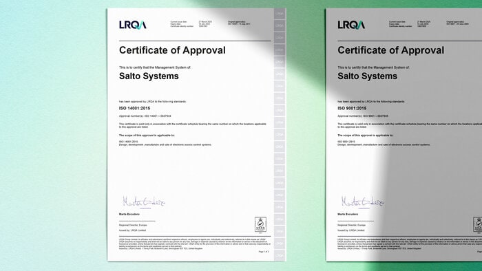 Salto wurde auch 2025 nach ISO 9001 und ISO 14001 für sein Qualitäts- und Umweltmanagement zertifiziert. © Salto