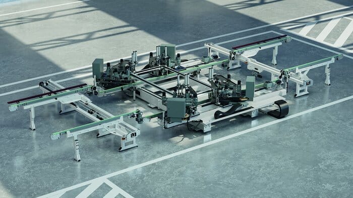Die Schüco Lösung für eine effiziente Montage von Fenstern, Türen und Fassaden – die vollautomatische Vier-Kopf-Eckverbindermaschine inkl. automatischen Ein- und Austransport Schüco CC 800. © Schüco International KG