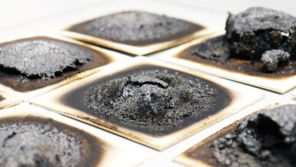 Verschiedene intumeszierende Beschichtungen nach der Beflammung im Laborbrandprüfstand des Fraunhofer WKI. Die Tests geben Aufschluss darüber, mit welcher Rezeptur sich das darunterliegende Holz am besten schützen lässt. © Fraunhofer WKI | Manuela Lingnau