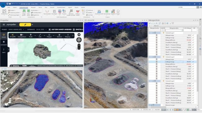 RIB Civil und Propeller im Zusammenspiel: Projektinformationen stammen aus dem Geodaten-Hub von Propeller. 3D-Ansicht und Mengenberechnung erfolgen in RIB Civil. © RIB Software GmbH