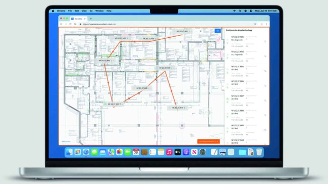 Bereit für den Einsatz direkt auf der Baustelle: Im digitalen Plan sehen Nutzer auf einen Blick, welche Tür sich wo befindet – hier z.B. alle Türen im Erdgeschoss, mit Türnummer und Laufweg. © Novoferm