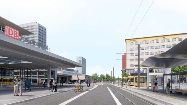 Mit der Citybahn kehrt die Straßenbahn zurück ins Stadtbild der Essener Innenstadt. Im Januar 2024 sind die Arbeiten für den ersten Bauabschnitt am Bahnhofsvorplatz gestartet. © renderstudios GmbH