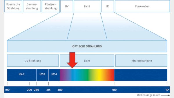 Abb. 1: Licht ist der Teil des elektromagnetischen Spektrums der für das menschliche Auge sichtbar ist. Die sichtbare Strahlung befindet sich im Wellenlängenbereich zwischen 380 nm bis 780 nm. Der maßgeblich für die biologische Wirkung verantwortliche blaue Spektralbereich liegt bei etwa 480 nm. Quelle: © DGUV-Information 215-220 (2).