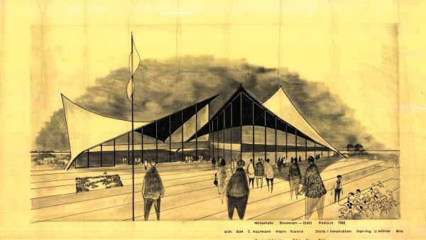Bild 1. Rostock-Schutow, Messehalle, Zeichnung von Architekt Erich Kaufmann © Müther-Archiv, Hochschule Wismar, Bestand Mü.