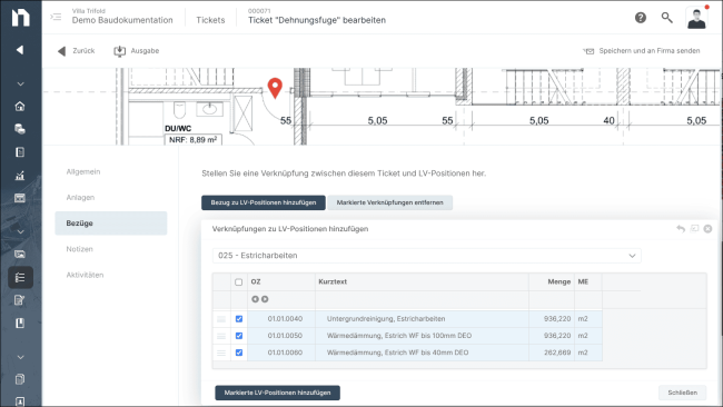 Bauüberwachung in NOVA AVA mit integriertem Aufgaben- und Ticketmanagement. Abrechnungsrelevante Mängel können mit Leistungspositionen des Auftrags-LV und mit dem BIM-Modell verknüpft werden. © NOVA BUILDING IT GmbH
