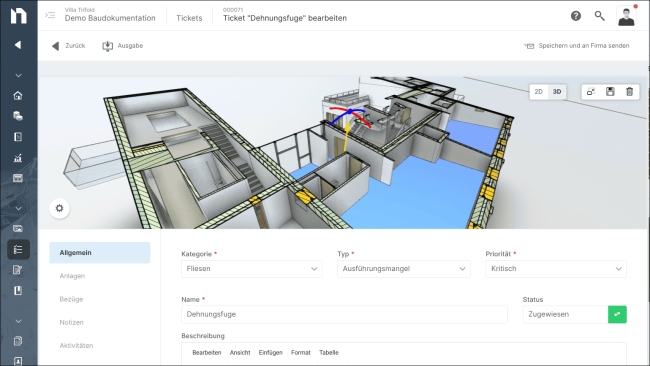 Bauüberwachung in NOVA AVA mit integriertem Aufgaben- und Ticketmanagement. Abrechnungsrelevante Mängel können mit Leistungspositionen des Auftrags-LV und mit dem BIM-Modell verknüpft werden. © NOVA BUILDING IT GmbH