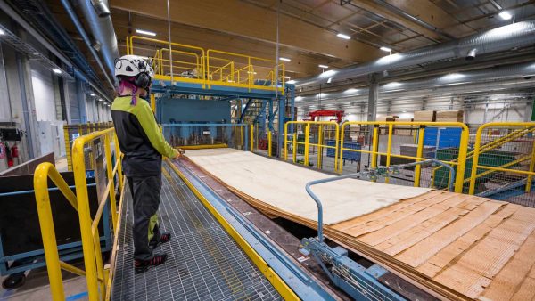 Beim Schälen wird der gesamte Stamm zu dünnen Furnieren verarbeitet – so nutzt Kerto LVL den Rohstoff Holz besonders effizient und minimiert Verschnitt. © Metsä Wood