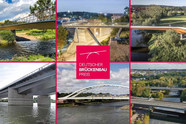 Deutscher Brückenbaupreis 2025: Preisverleihung am 19. März in Dresden © (oben) Lukas Osterloff, Steven Neukirch, Mayr Ludescher, (unten) Frank Heinen, Wilfried Dechau, HELLO STUDIO W