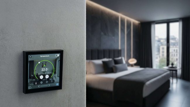 Der Raumcontroller iONprime CP4 ermöglicht die Steuerung über das 4-Zoll-Touchdisplay. © Theben AG