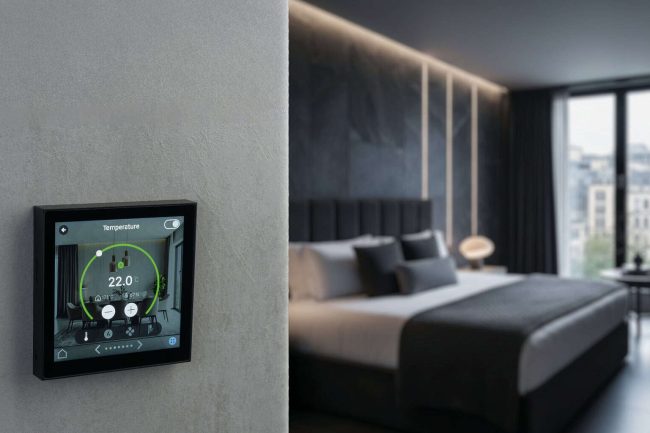 Der Raumcontroller iONprime CP4 ermöglicht die Steuerung über das 4-Zoll-Touchdisplay. © Theben AG