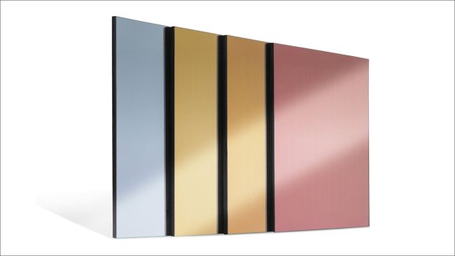 Die neuen farbigen Magnetron-Coatings „ipasolar“ von AGC Interpane Architectural Glass bieten Architekten und Modulbauern mehr Gestaltungsfreiheit für moderne BIPV-Fassaden. Im Bild die Standardfarben Silber, Gold, Bronze und Rot. © AGC Interpane Architectural Glass