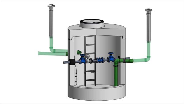 Eines der neuen Produkte im Trinkwasser-Bereich ist der Mengenmessschacht VodaCheck, der durch einen magnetisch-induktiven Messeaufnehmer präzise Durchflussmessungen von Trinkwasser ermöglicht. Das Auswertegerät wird in einer separaten Freiluftsäule ausgeliefert. © Mall GmbH