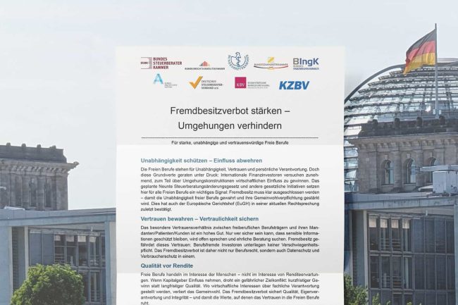 Freie Berufe fordern: Fremdbesitzverbot stärken – Umgehungen verhindern © BStBK/DIB