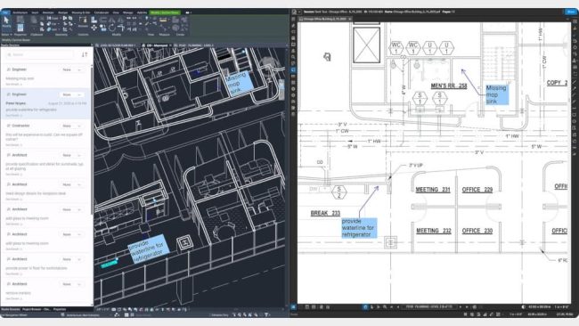 Vernetzte Bluebeam Studio Sitzungen mit Autodesk Revit: 2D-Markierungen in Revu (rechts) und 3D-Modelle aus Revit (links) können nun miteinander verknüpft werden, um die Koordination zwischen den Planungs- und Bauteams zu beschleunigen. © Bluebeam, 2025