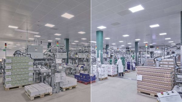 Individuelle Beleuchtungssanierung mit Regiolux: Beispiel aus der Produktion von Kräuterhaus Wild in Grettstatt. Der Vergleich zeigt deutlich die verbesserte Lichtqualität nach der Sanierung (links: Bestandssituation, rechts: nach Sanierung). © Regiolux