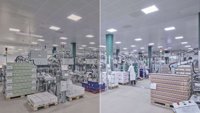 Individuelle Beleuchtungssanierung mit Regiolux: Beispiel aus der Produktion von Kräuterhaus Wild in Grettstatt. Der Vergleich zeigt deutlich die verbesserte Lichtqualität nach der Sanierung (links: Bestandssituation, rechts: nach Sanierung). © Regiolux