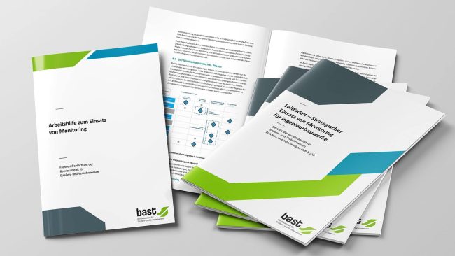 Broschüren der BASt zum kostenfreien Download: Leitfaden – Strategischer Einsatz von Monitoring für Ingenieurbauwerke (PDF) und Arbeitshilfe zum Einsatz von Monitoring (PDF) © Bundesanstalt für Straßen- und Verkehrswesen (BASt)