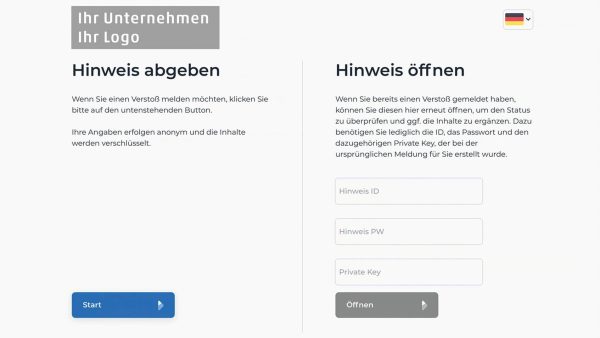 Beispiel für eine fertige Meldeseite (Individualisierung durch Farben und Logo des jeweiligen Unternehmens), Quelle: Ingenieurkammer RLP Info: https://www.ing-rlp.de/service/meldestelle-hinweisgeberschutzg.html
