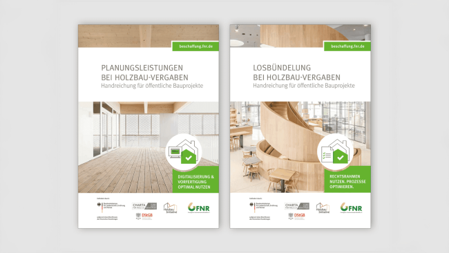 Zwei neue Praxishilfen für die Vergabe im Holzbau: Die kostenfrei verfügbaren FNR-Handreichungen unterstützen öffentliche Auftraggeber bei der Ausschreibung von Planungsleistungen und der rechtssicheren Bündelung von Fachlosen. © FNR / Papenfuß