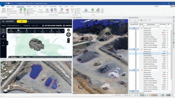 RIB Civil und Propeller im Zusammenspiel. Projektinformationen stammen aus dem GeodatenHub von Propeller. 3D-Ansicht und Mengenberechnung erfolgen in RIB Civil. © RIB Software GmbH