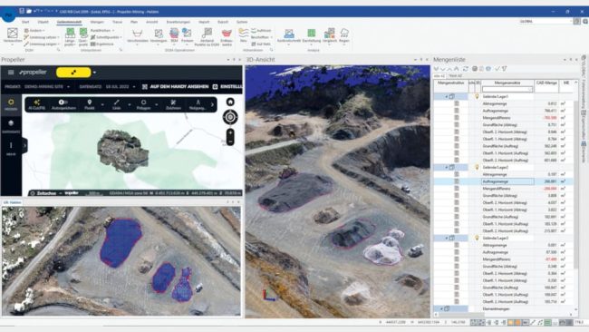 RIB Civil und Propeller im Zusammenspiel. Projektinformationen stammen aus dem GeodatenHub von Propeller. 3D-Ansicht und Mengenberechnung erfolgen in RIB Civil. © RIB Software GmbH