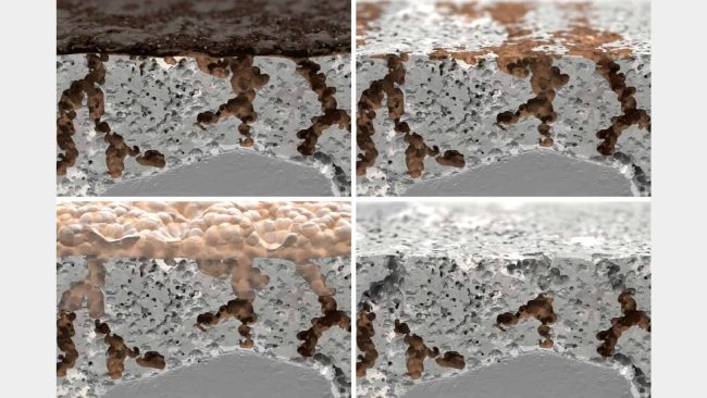 Reinigung: Beim ölverschmutzten Boden (l. o.) ist zunächst die Ölkruste zu entfernen, beispielsweise mit Kugelstrahlen. Öl treibt nach (r. o.), es folgt die Reinigung mit Ölentferner (l. u.). Auf dem Boden bildet sich eine aufsaugbare Schicht, in der das Öl aus den Kapillaren gebunden ist. Nach dem Absaugen der Schicht sind die Kapillare an der Oberfläche ölfrei (r. u.) © Step-Ani-Motion/StoCretec