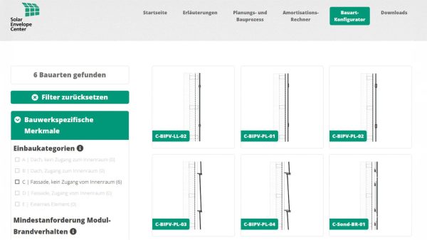 Screenshot des Bauart-Konfigurators im BIPV-Leitfaden © Fraunhofer ISE