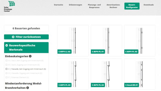 Screenshot des Bauart-Konfigurators im BIPV-Leitfaden © Fraunhofer ISE