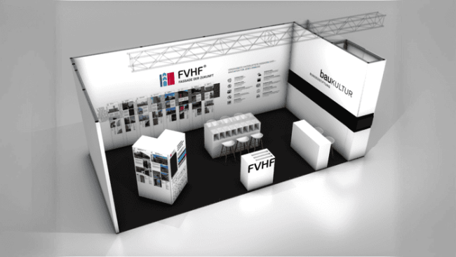 Gemeinsam für die Baukultur: Der FVHF und die Bundesstiftung Baukultur auf dem Gemeinschaftsstand in Halle A2 (Stand 519). Im Mittelpunkt steht diesmal eine Auswahl von Architekturprojekten des Deutschen Fassadenpreises 2024 für Vorgehängte Hinterlüftete Fassaden (VHF). © FVHF