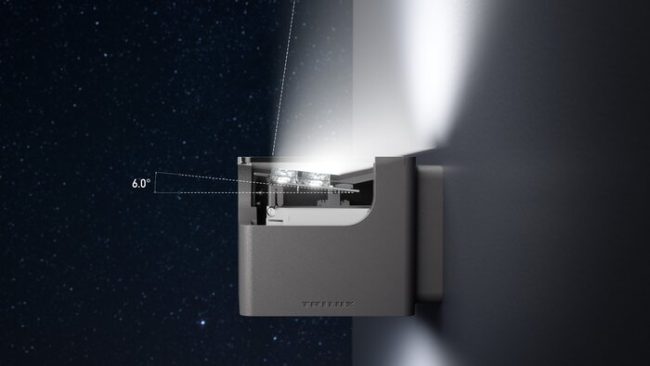 Licht an die Fassade statt in den Himmel – die LED-Platine des Indirekt-Anteils ist um 6° nach innen geneigt. Das reduziert den Streulichtanteil in den oberen Halbraum. © Trilux