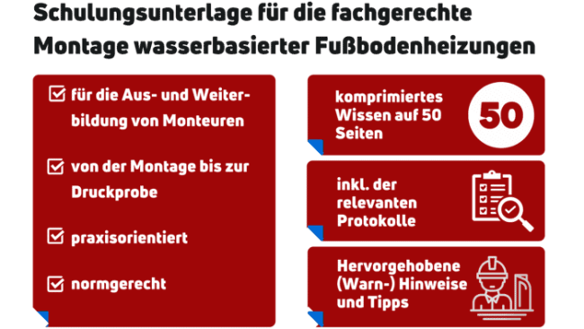 Schulungsunterlage für die fachgerechte Montage wasserbasierter Fußbodenheizungen. © BVF eV