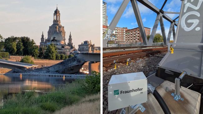 Die verhältnismäßig kostengünstige Radarsensorik (rechts) für autonome Fahrzeuge kann mit entsprechenden Anpassungen auch für infrastrukturelles Monitoring genutzt werden, um Unglücke wie etwa den Einsturz der Carola-Brücke in Dresden (links) verhindern zu helfen. © Fraunhofer IIS